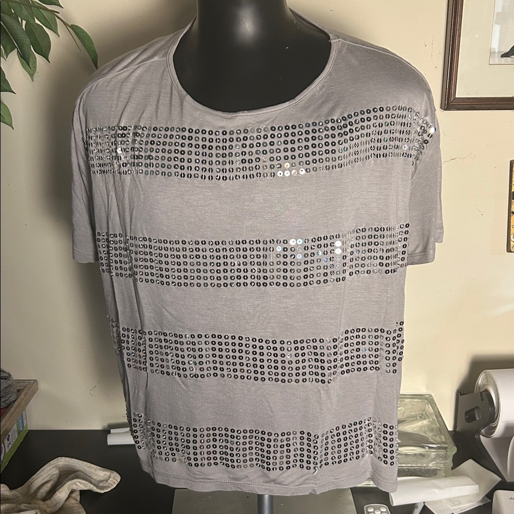INC International Concepts Women's Silver Sequin Striped Tee‎